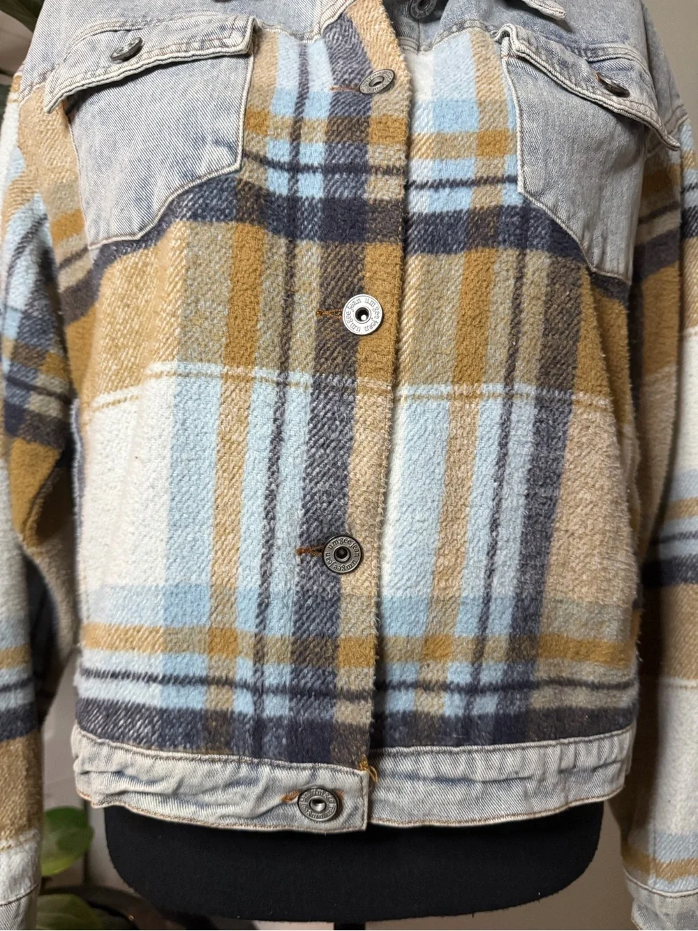 Umgee Light Wash Denim Jacket with Tan & Sky Blue Plaid